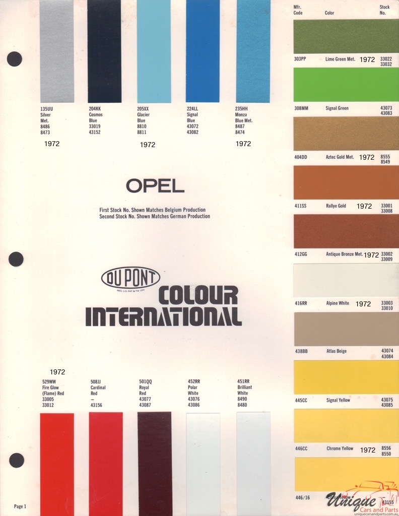 1972 Opel Paint Charts DuPont 3